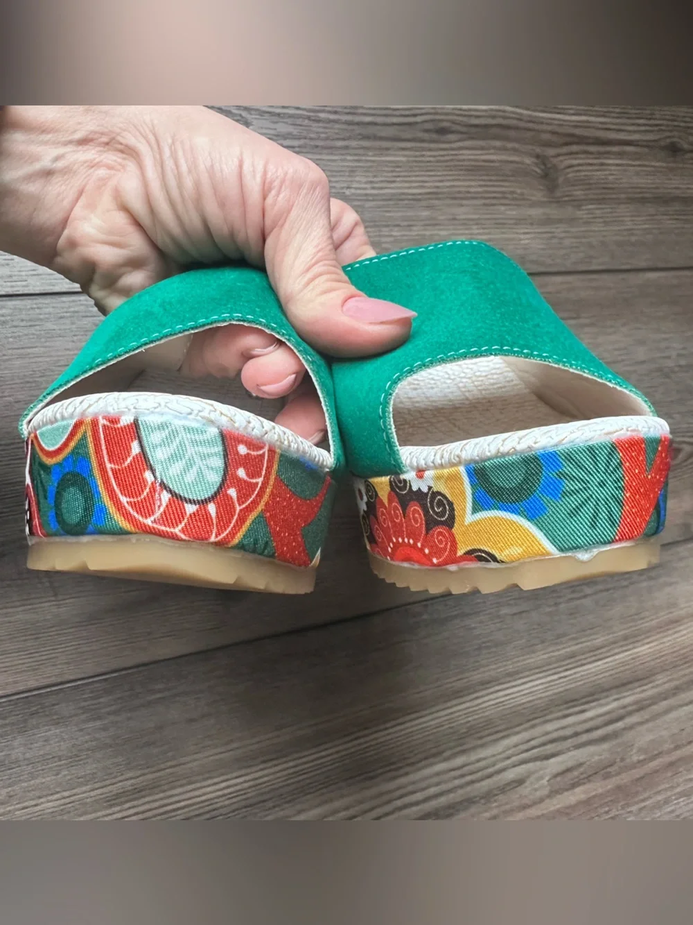 Floral Platform Wedge Sandals Green Faux Suede EU 39 US 8.5 Boho